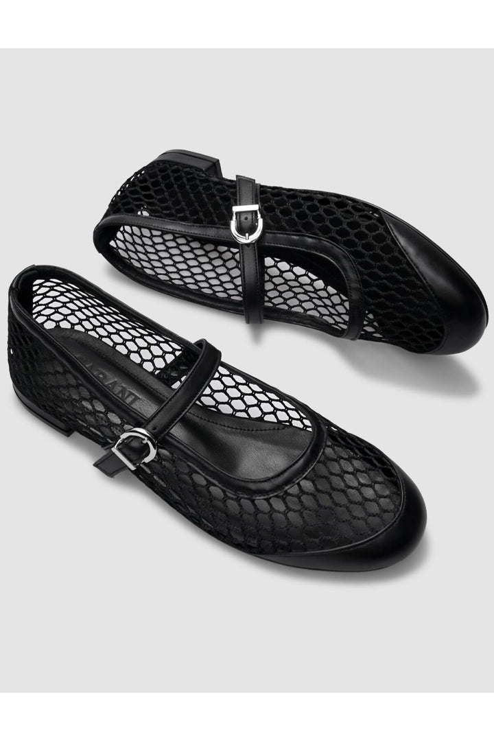 Cabani Shoes Ballerines pour femmes en cuir véritable noir avec détails en filet et boucle. - Noir