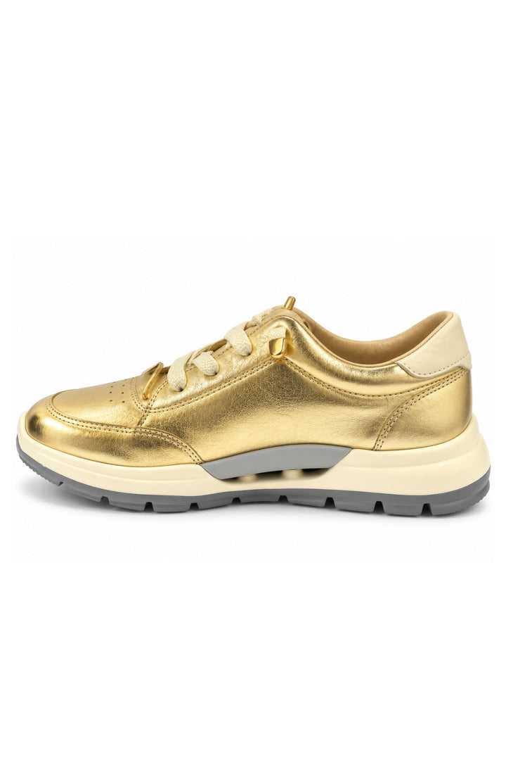 Wavelys MARA Gold Chaussures de marche et de sport élégantes avec lacets intelligents en cuir nubuck véritable à semelle confortable. - Doré