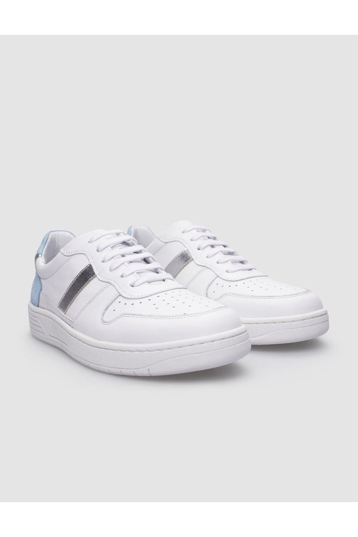 Cabani Shoes Baskets pour femmes en cuir véritable 100 % blanches et bleues avec lacets. - Blanc