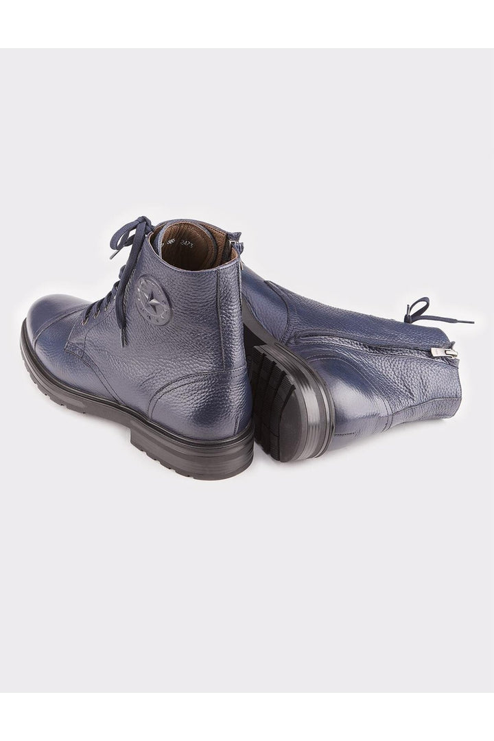 Cabani Shoes Bottines pour hommes en cuir véritable bleu marine à lacets et fermeture éclair. - Bleu marine