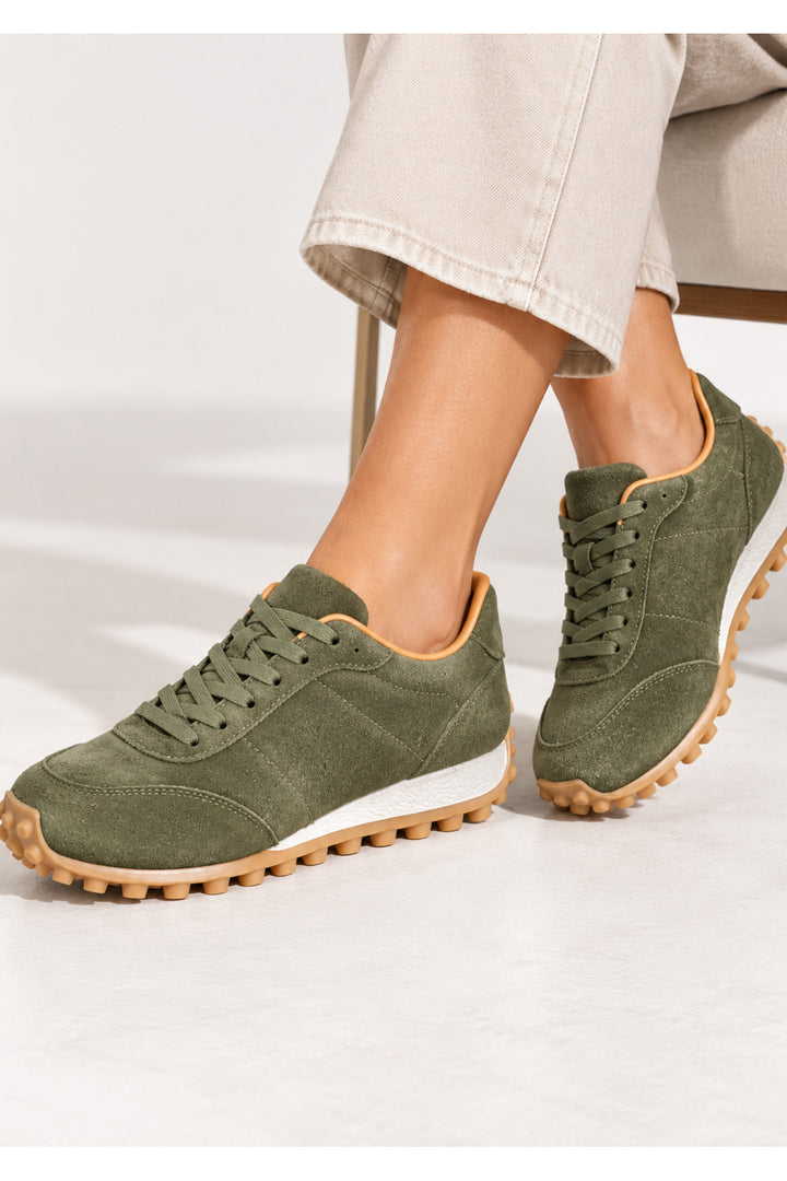 Wavelys VERONA Haki Véritable Cuir Suédé Doublé en Fourrure Chaud Flexible Semelle en Caoutchouc Doux Confortable Baskets Femme - Kaki
