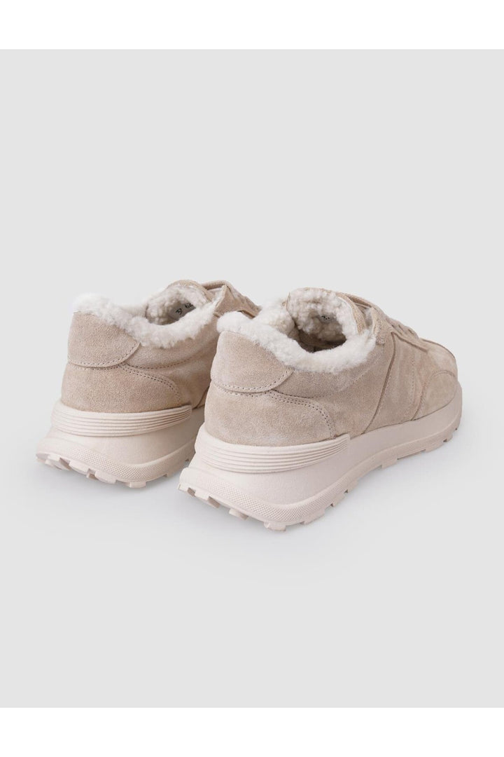 Cabani Shoes Baskets sportives pour femmes en cuir véritable beige en suède avec fourrure. - Multicolore