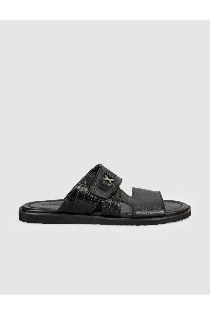 Cabani Shoes Sandale en cuir noir pour homme avec détails en crocodile - Multicolore
