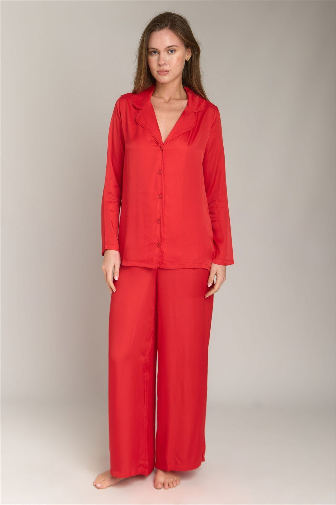 Lovely Things Ensemble de pyjamas à manches longues en satin Geraldine - Rouge