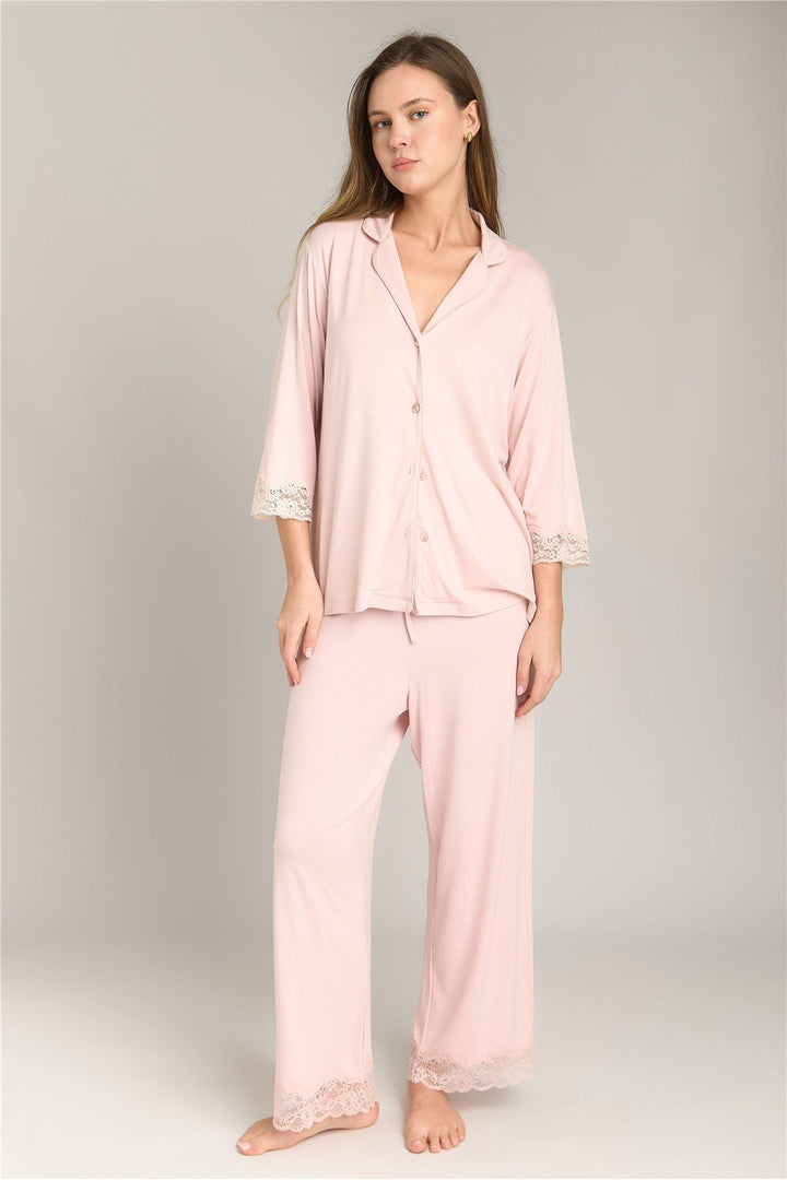Lovely Things SOPHIA Ensemble de Pyjama en Tissu Tricoté avec Chemisier à Manches 3/4 et Pantalon - Rose