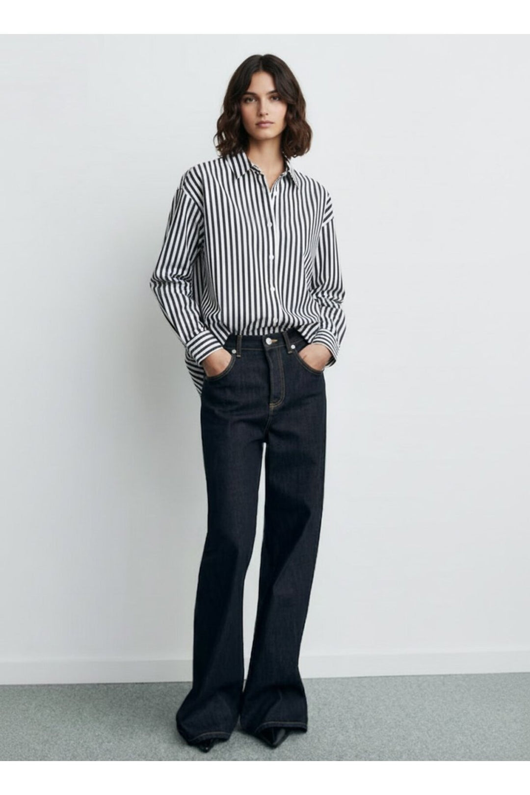 LTB Chemise noire rayée à manches longues et boutonnée sur le devant