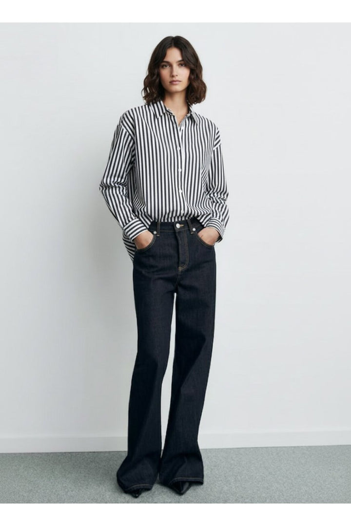 LTB Chemise noire rayée à manches longues et boutonnée sur le devant