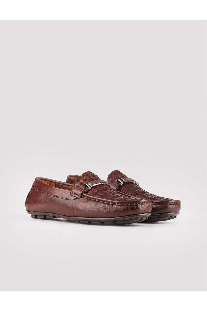 Cabani Shoes Mocassins pour hommes en cuir véritable marron à motif de baklava - Marron