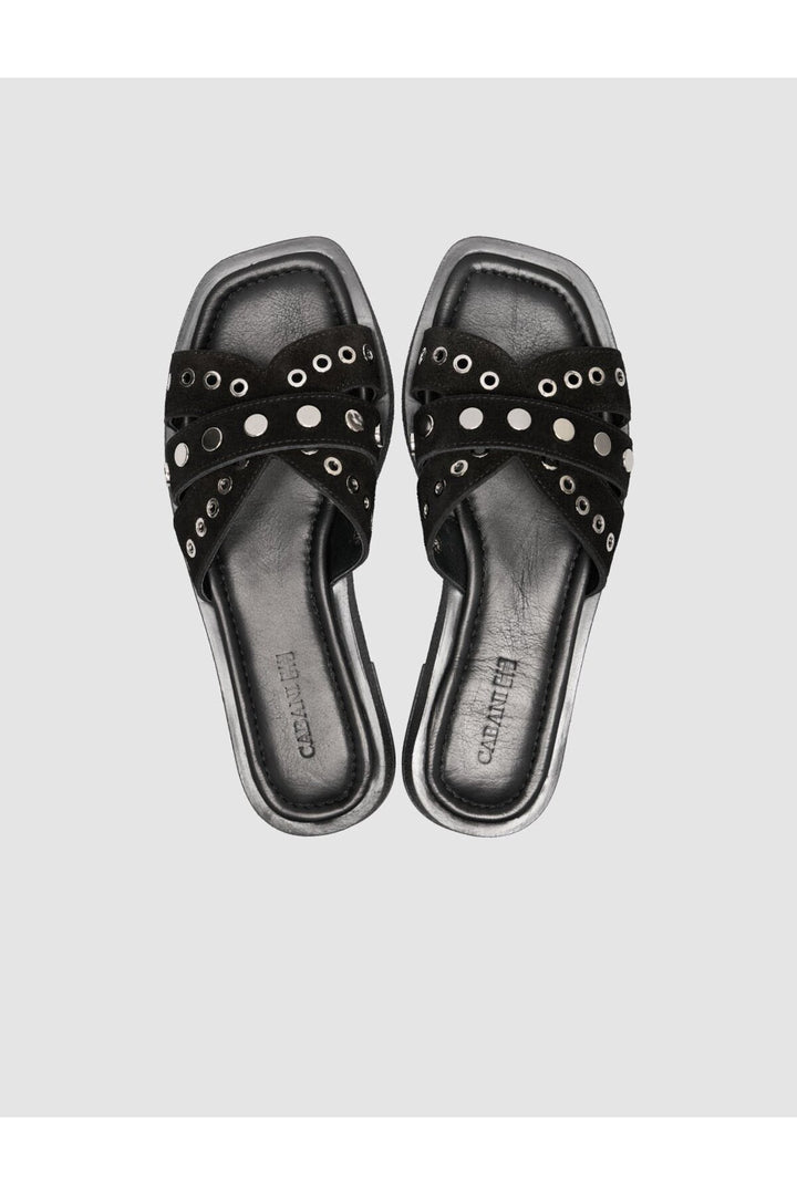 Cabani Shoes Sandales pour femmes en cuir véritable avec détails en pierre en suède noir. - Multicolore