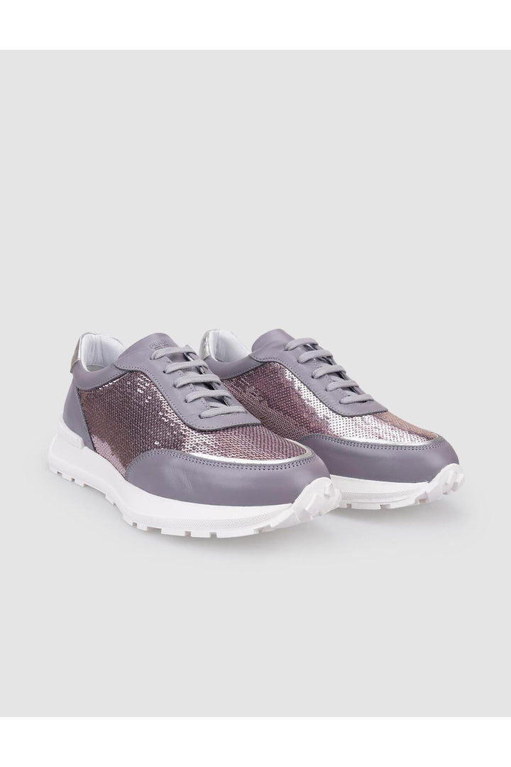 Cabani Shoes Baskets de sport pour femmes en cuir véritable gris avec détails en paillettes à lacets. - Gris