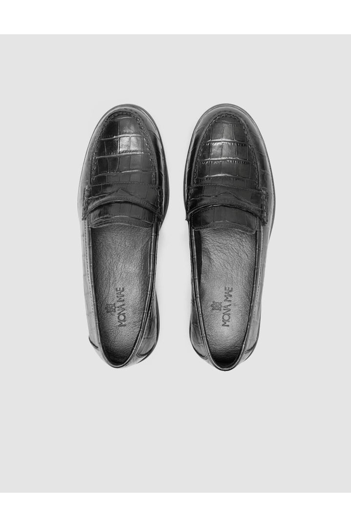 Cabani Shoes %100 Cuir Véritable Noir Motif Croco Mocassins Femme - Noir