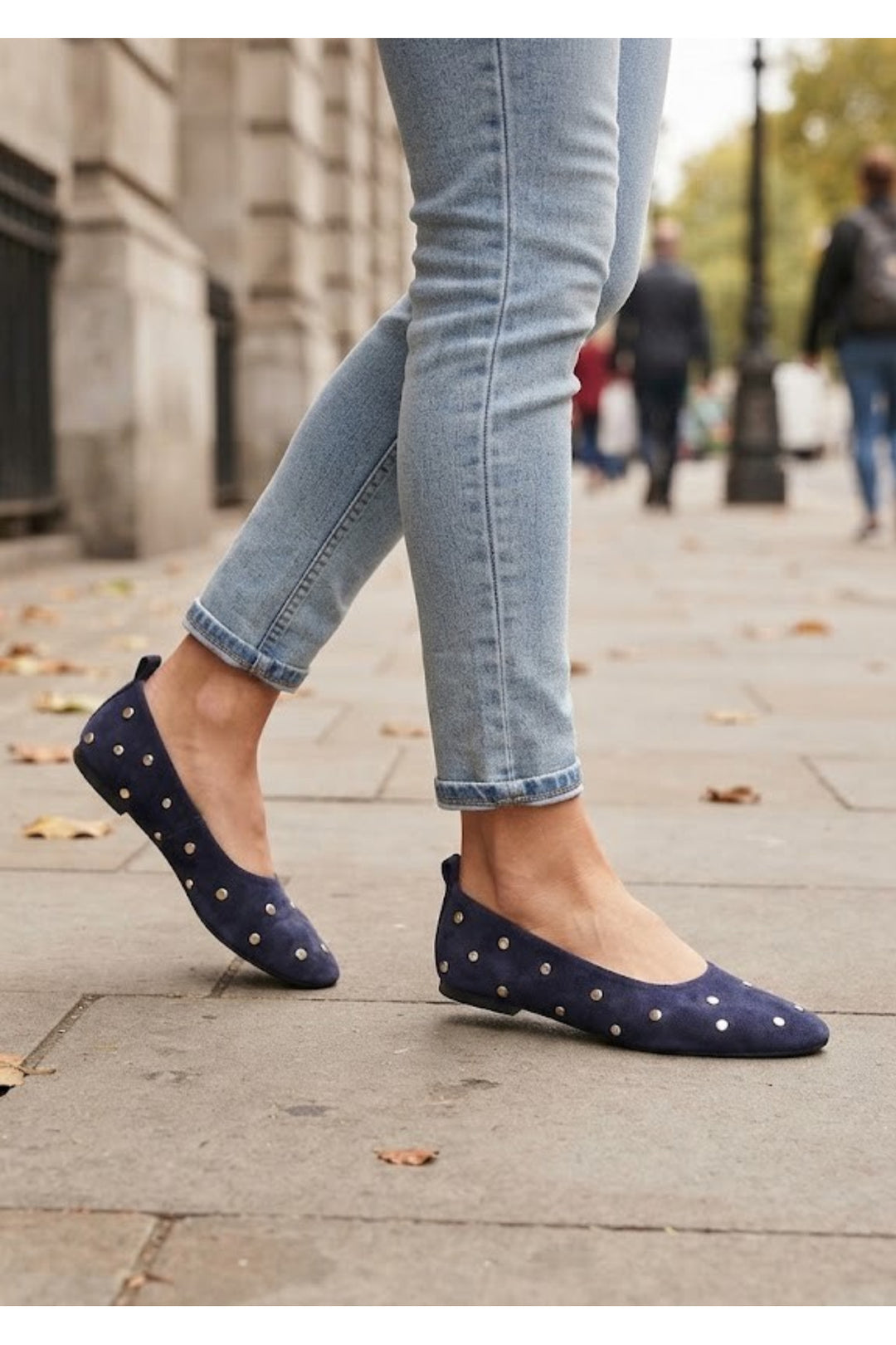 Wavelys LYN Chaussures Ballerines en Cuir Suédé Véritable à Semelle Confortable avec Clous Métalliques - Bleu marine