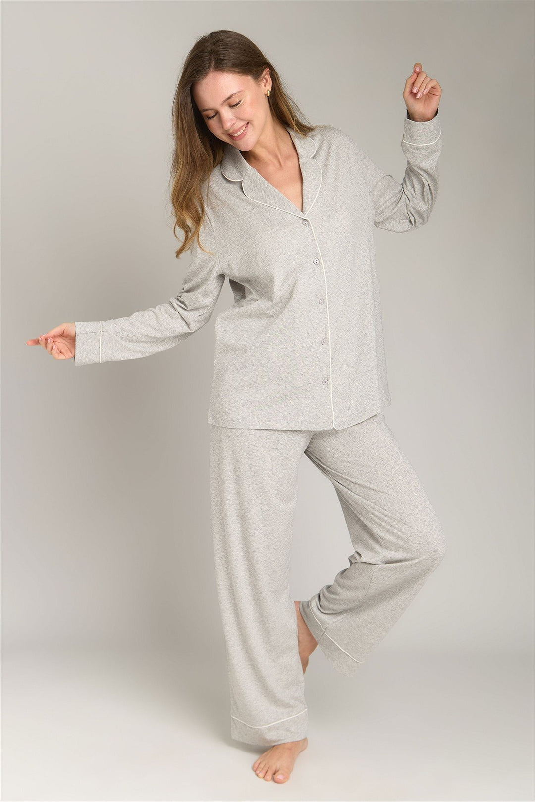 Lovely Things NINA Ensemble de Pyjama en Maille à Manches Longues - Gris melange