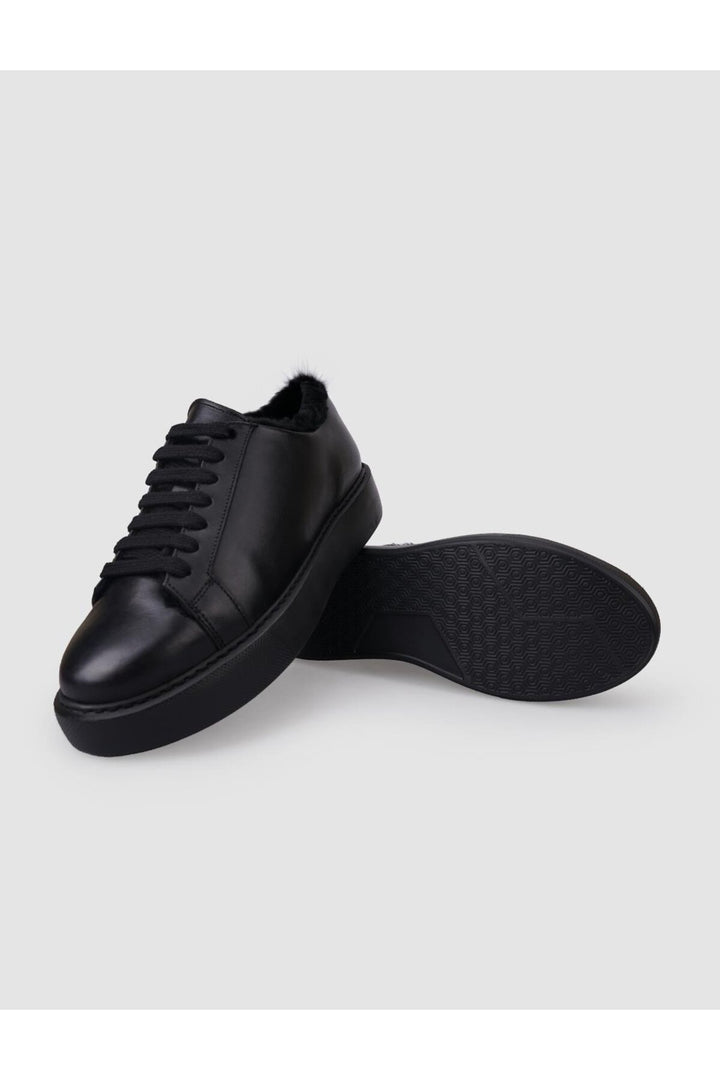 Cabani Shoes Baskets de sport pour femmes en cuir véritable noir avec fourrure et lacets à 100%. - Noir