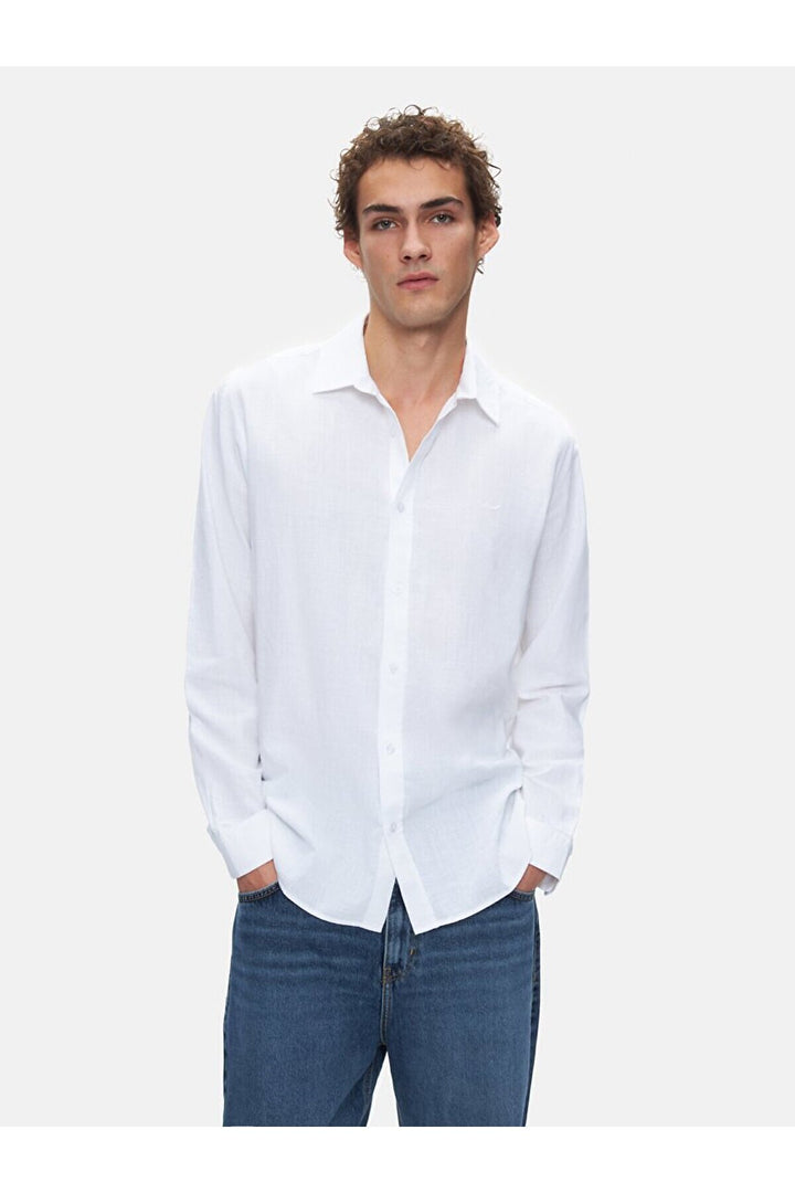 LTB Chemise blanche à manches longues regular aspect lin imprimé
