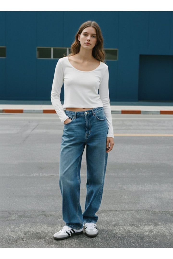 LTB Sweatshirt Blanc Crop Col Rond Long - Blanc