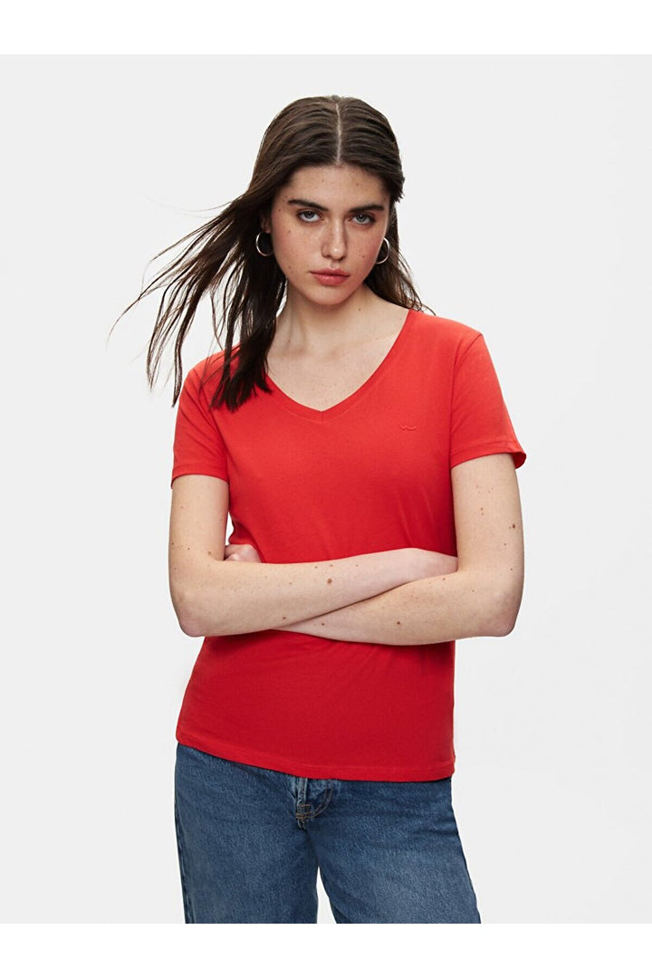 LTB T-shirt rouge régulier à manches courtes et col en V pressé