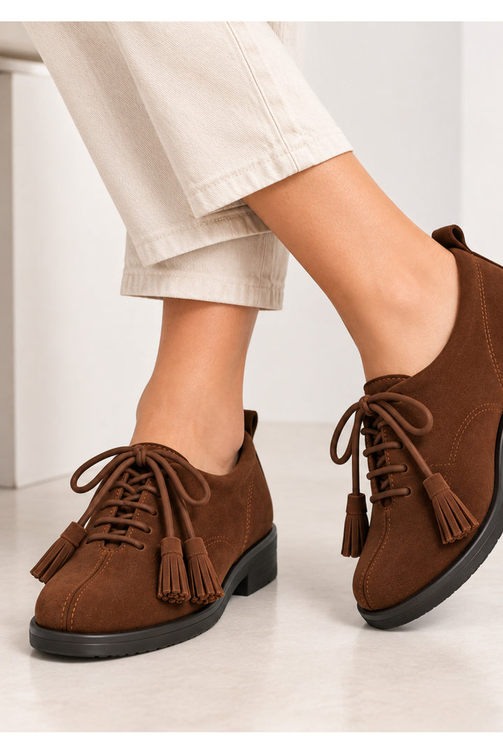Wavelys ZEN-70611 ZANTE Chaussures à Talon Bas en Cuir Véritable avec Détails à Franges Marron - Marron