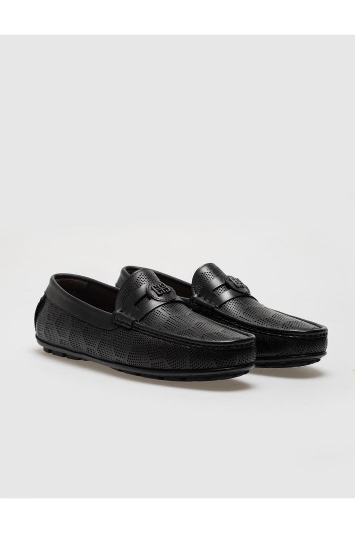 Cabani Shoes Mocassin homme sans lacets en cuir véritable noir à motif avec boucle - Noir