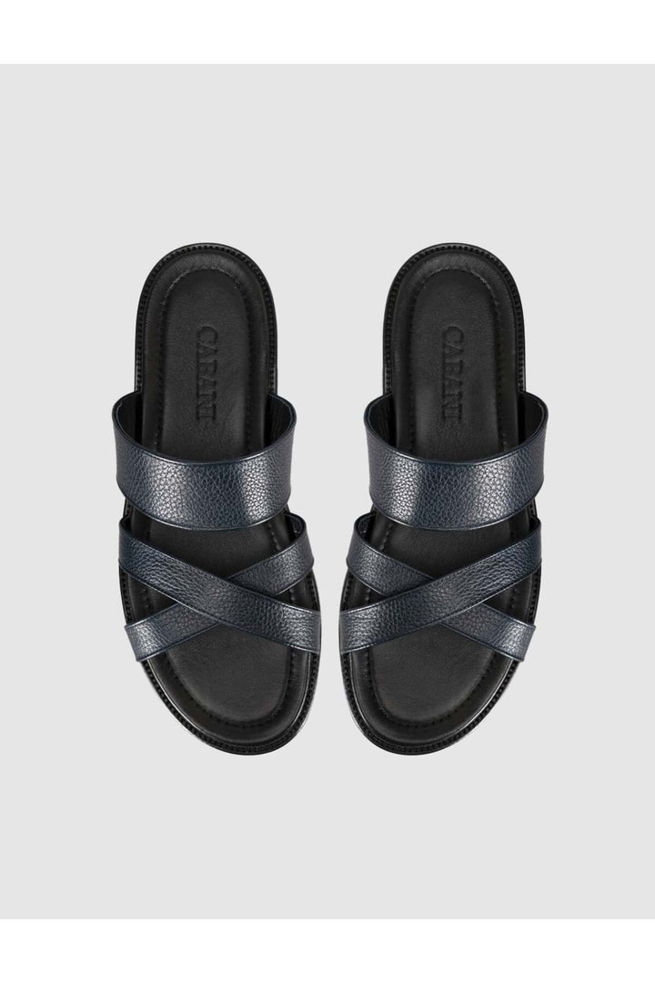 Cabani Shoes Sandales pour hommes en cuir véritable à bande croisée noires - Bleu marine