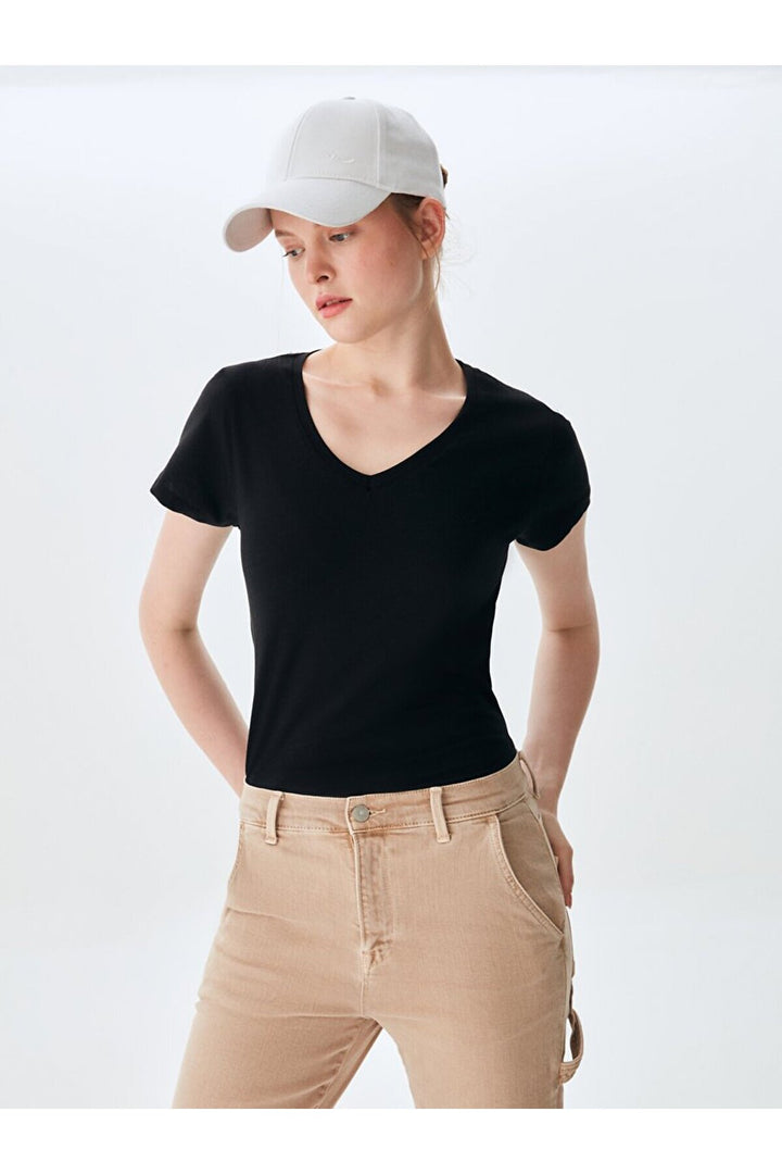 LTB T-shirt noir classique à manches courtes avec col en V