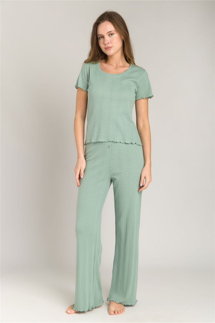 Lovely Things KIMBERLY Pointelle Kısa Kol Tişört Pijama Üstü - Açık Yeşil
