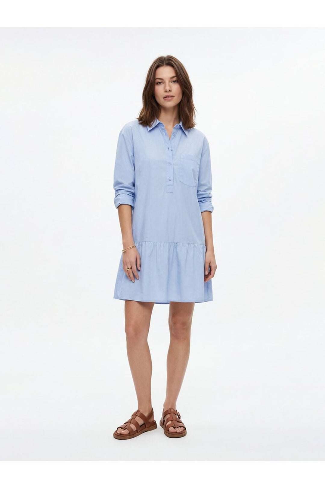 LTB Robe à col chemise à volants, boutonnière, bleu clair - Multicolore