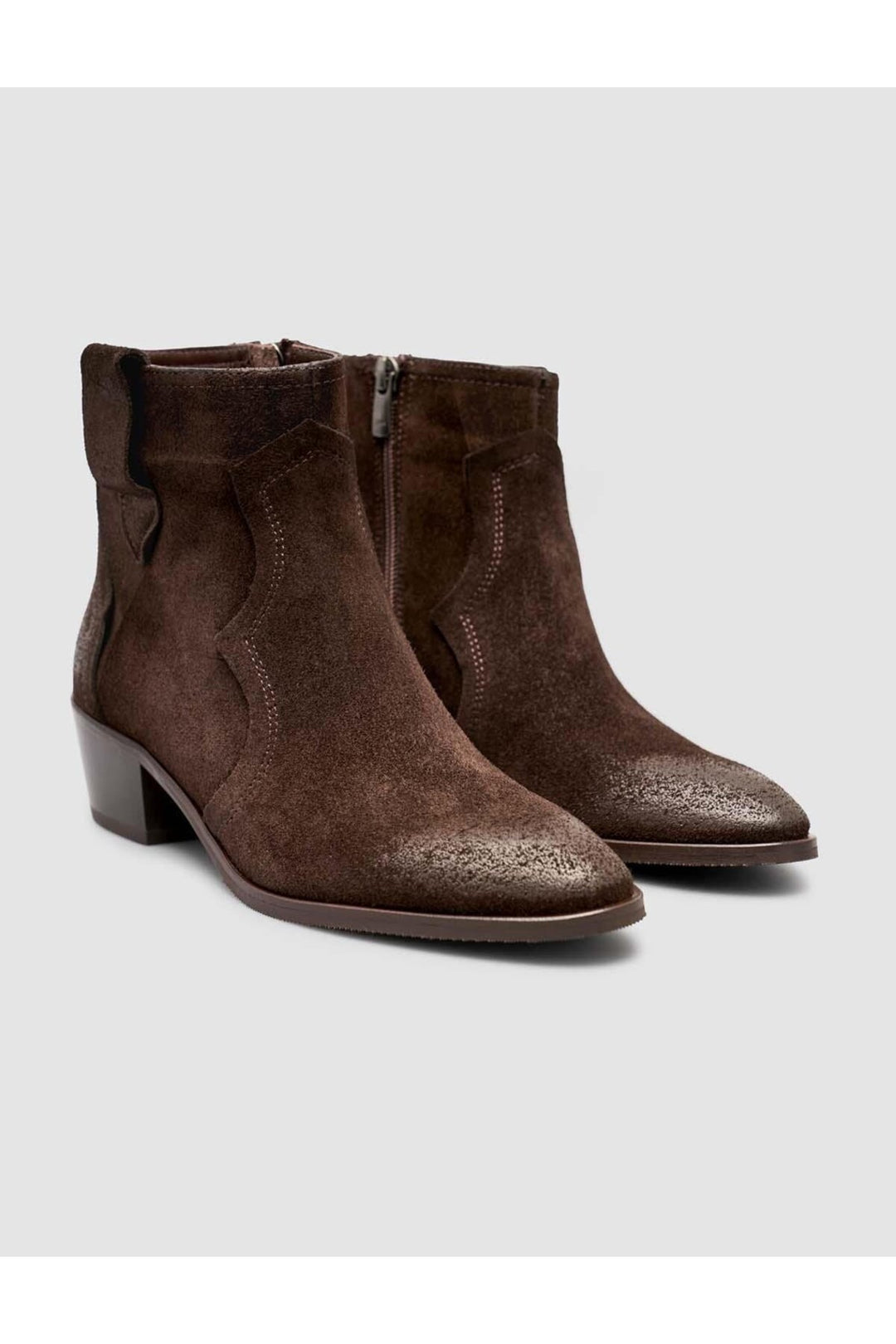 Cabani Shoes Bottines western pour femmes en cuir suédé marron à talon avec fermeture éclair - Marron