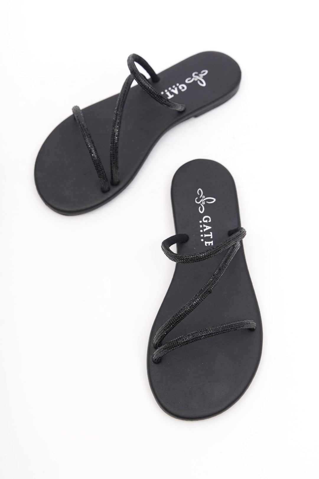 Wavelys Areta Sandales Femme à Talon Bas en Pierre Brillante Cristal Gate Shoes - Noir