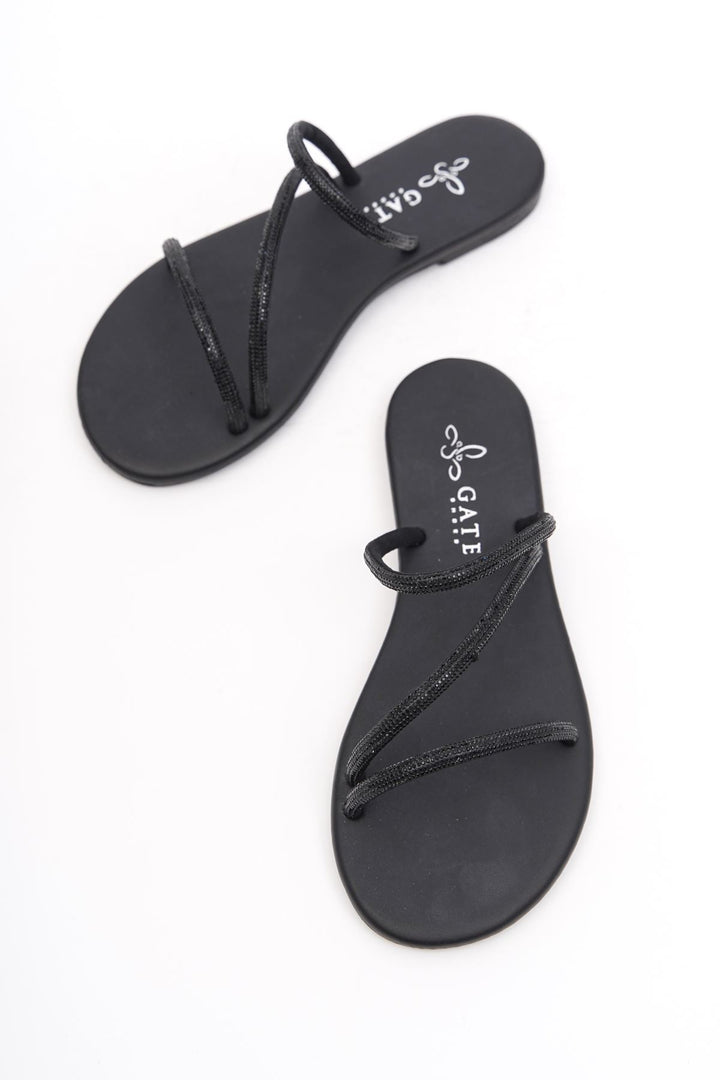 Wavelys Areta Sandales Femme à Talon Bas en Pierre Brillante Cristal Gate Shoes - Noir