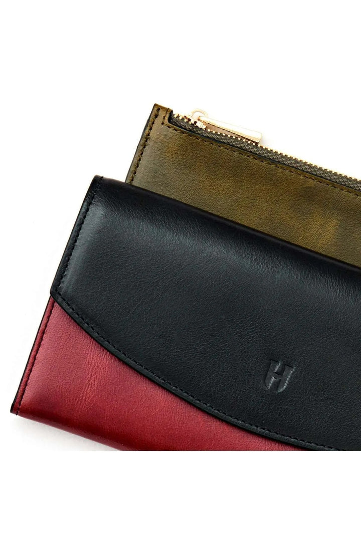Helmbrook Porte-cartes à compartiments multiples Ashley en cuir pour femme avec fermeture à glissière protégée par RFID Noir Claret Rouge