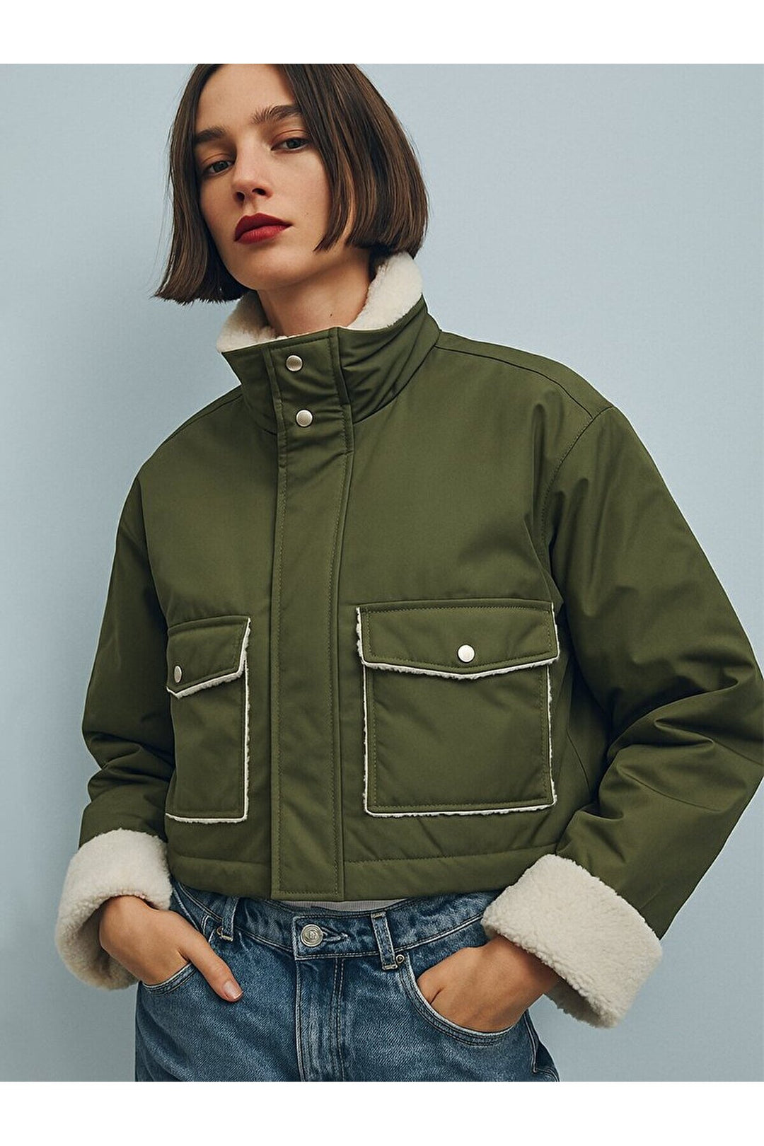 LTB Manteau vert détaillé en fourrure avec poches sur le devant