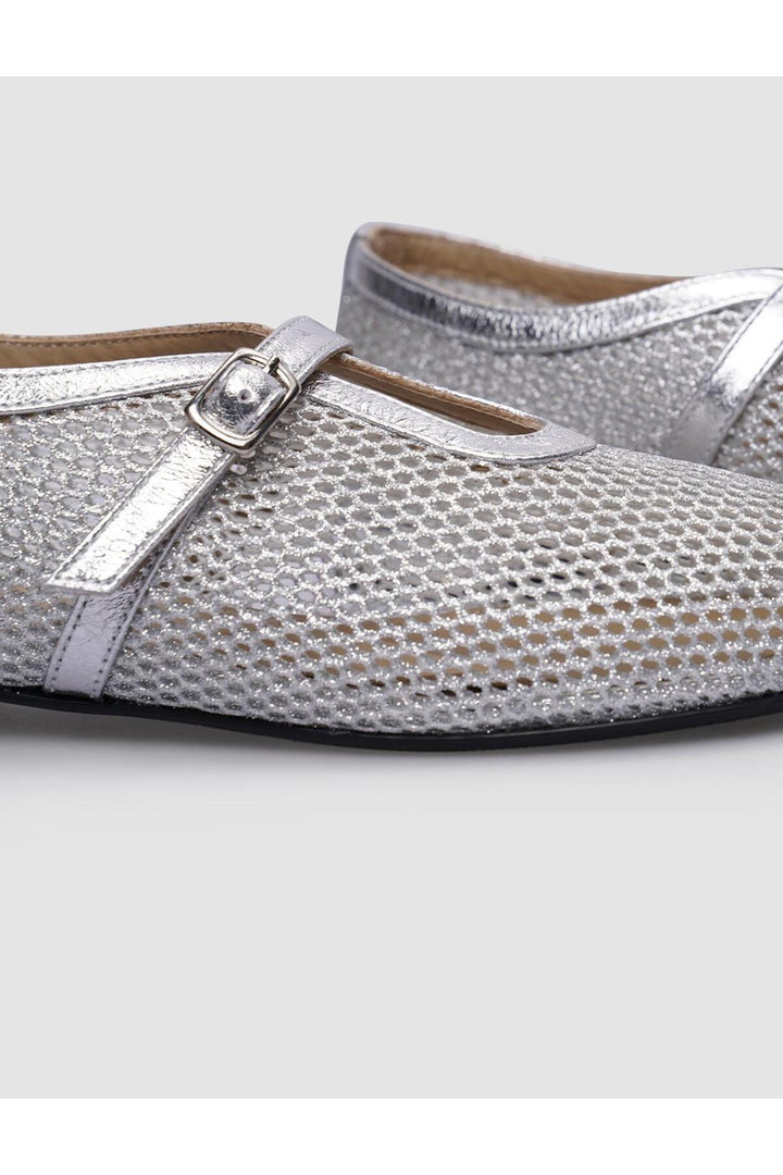 Cabani Shoes Ballerines pour femmes en cuir véritable gris avec détail de boucle en filet à 100%. - Gris
