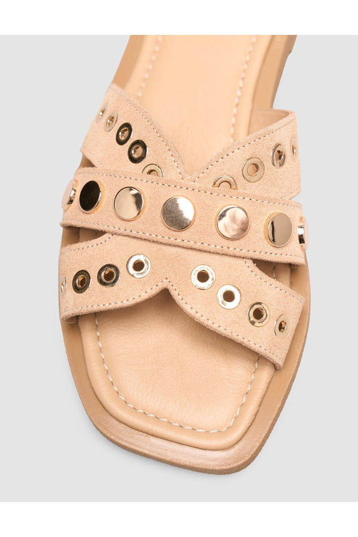 Cabani Shoes Sandale Femme en Cuir Véritable avec Détails en Pierre en Suède Beige - Marron