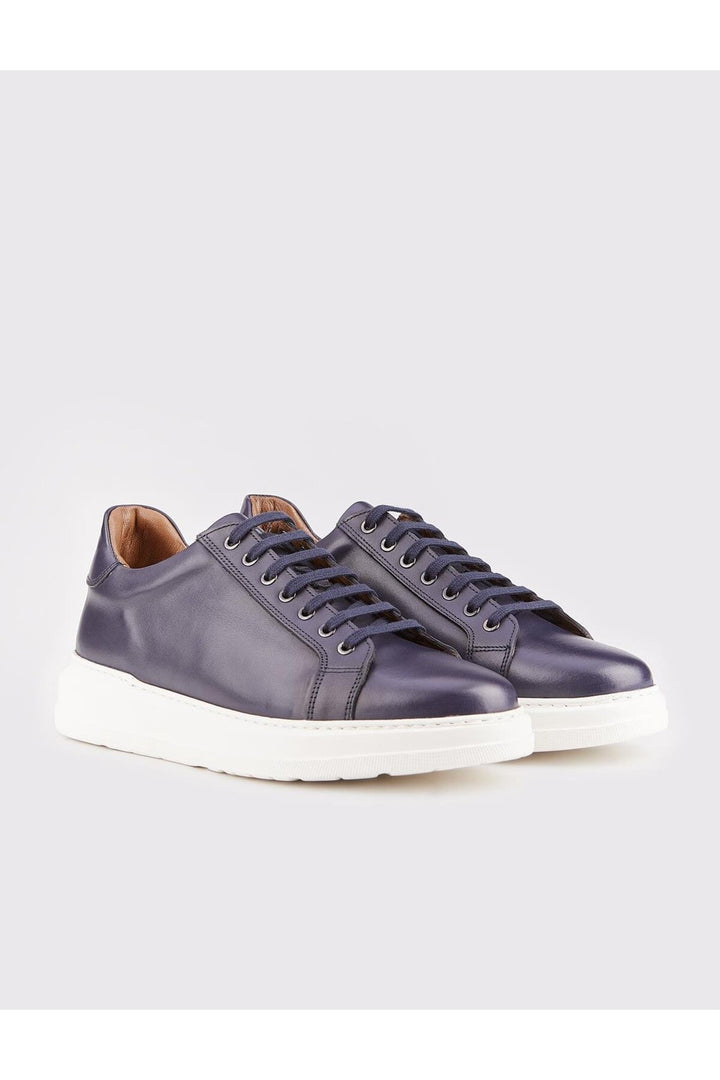 Cabani Shoes Chaussures de sport en cuir véritable bleu marine à lacets pour homme avec semelle blanche. - Bleu marine