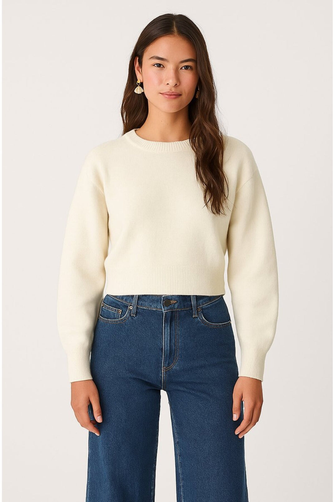 LTB Pull Crop Blanc Basic à Manches Longues Col Roulé - Blanc