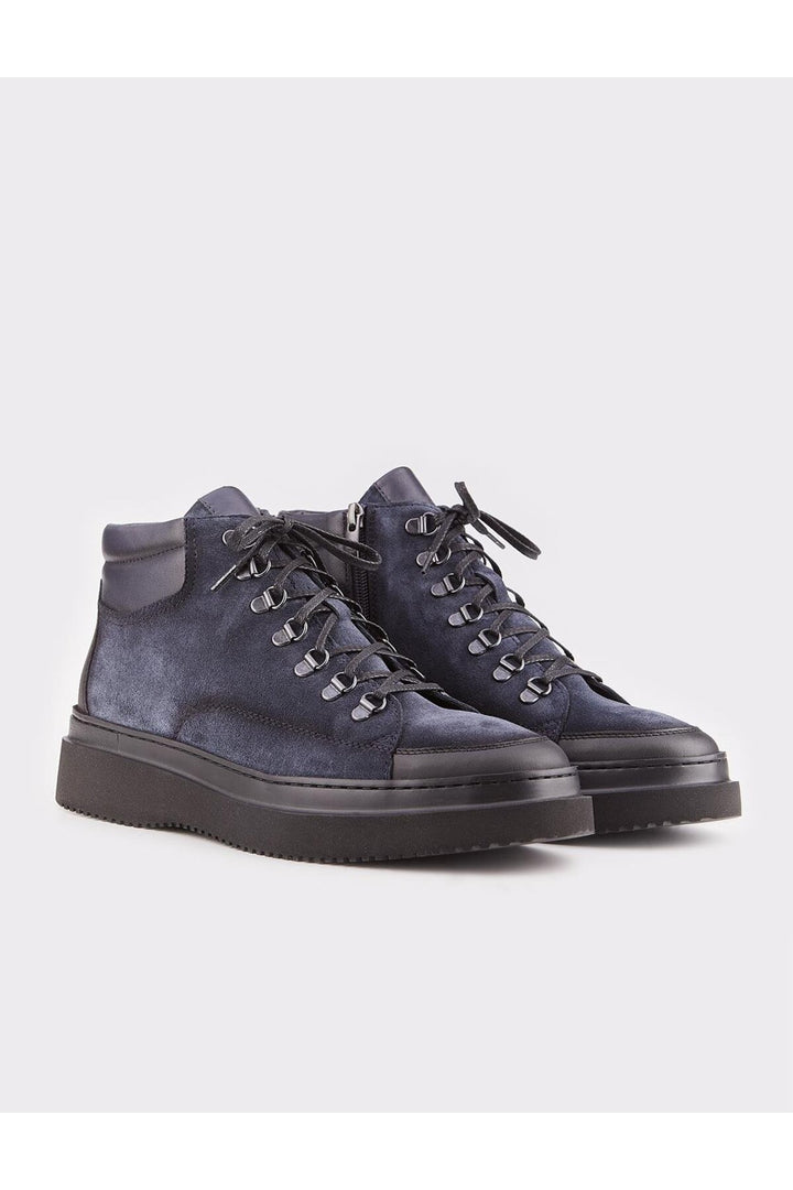 Cabani Shoes Bottines décontractées pour hommes en cuir véritable bleu marine à lacets et fermeture éclair. - Noir