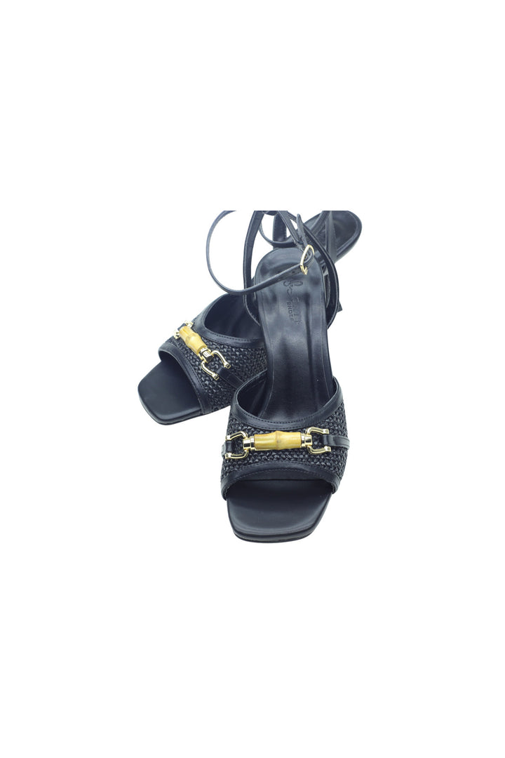 Wavelys MORONE Sandales à talons en simili cuir pour femmes avec accessoires dorés - Noir