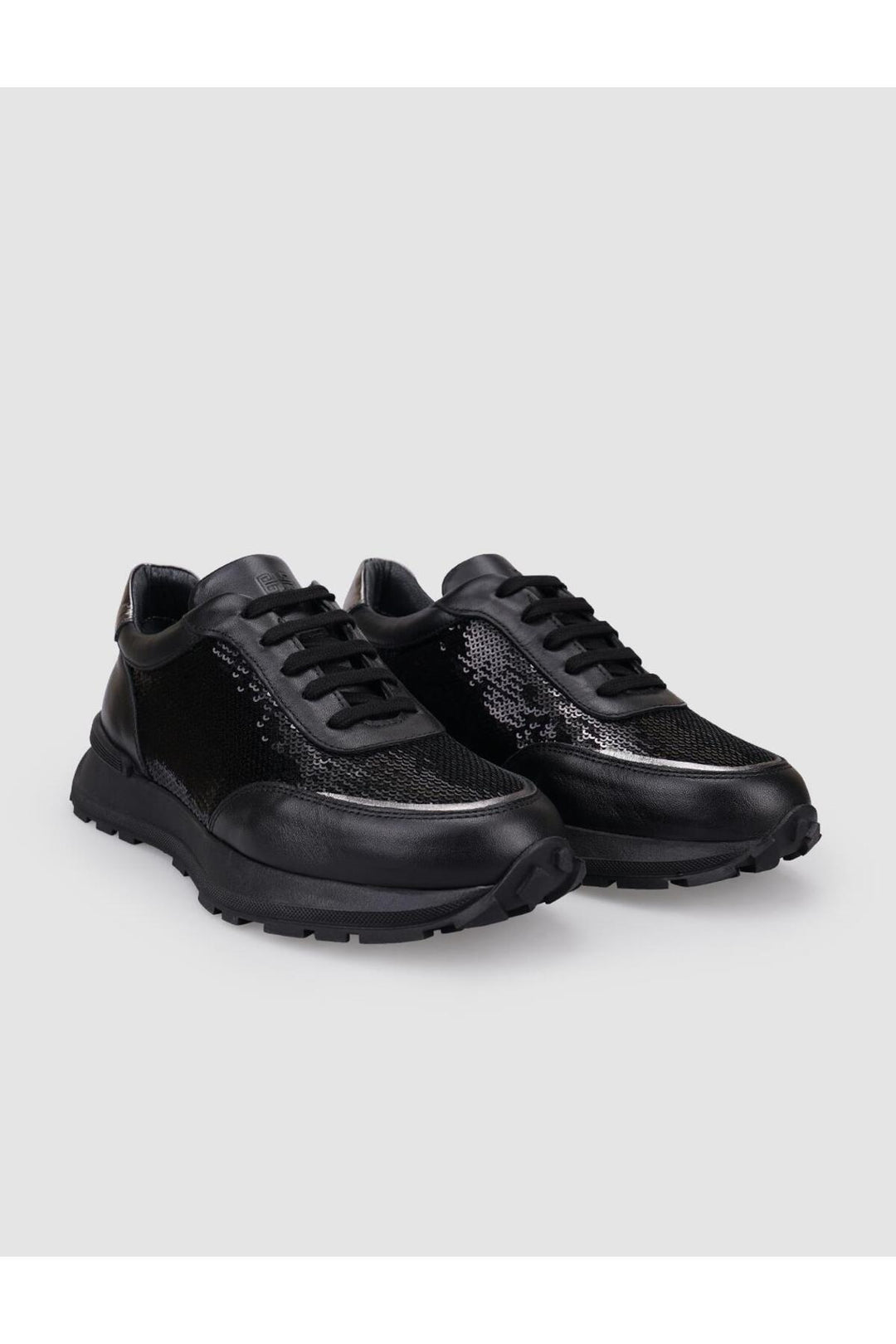 Cabani Shoes Baskets de sport pour femmes en cuir véritable noir avec détails en paillettes à lacets. - Noir