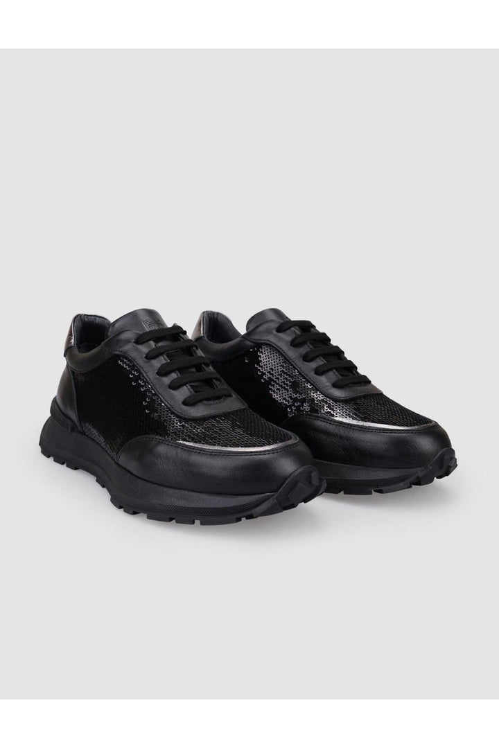 Cabani Shoes Baskets de sport pour femmes en cuir véritable noir avec détails en paillettes à lacets. - Noir