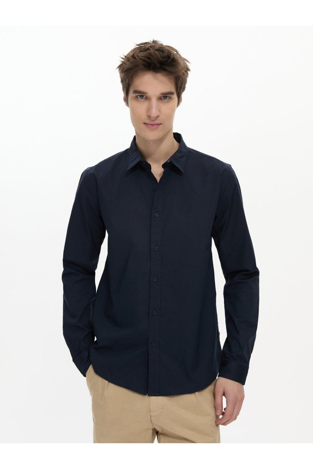 LTB Chemise basique bleu marine boutonnée sur le devant à manches longues - Bleu marine
