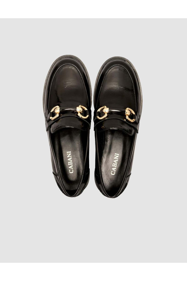 Cabani Shoes Chaussures Loafer pour femmes en cuir véritable verni noir avec boucle à 100% - Noir