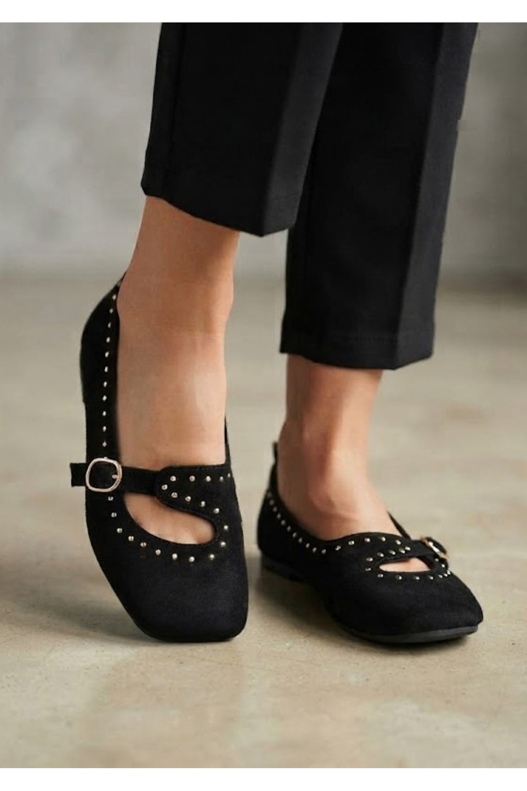 Wavelys AXEL Ballerines en cuir suédé véritable noir à talon plat avec détails de lacets - Noir