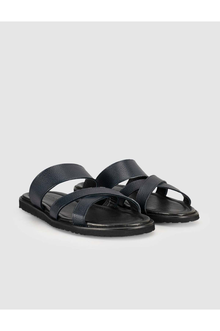 Cabani Shoes Sandales pour hommes en cuir véritable à bande croisée noires - Bleu marine