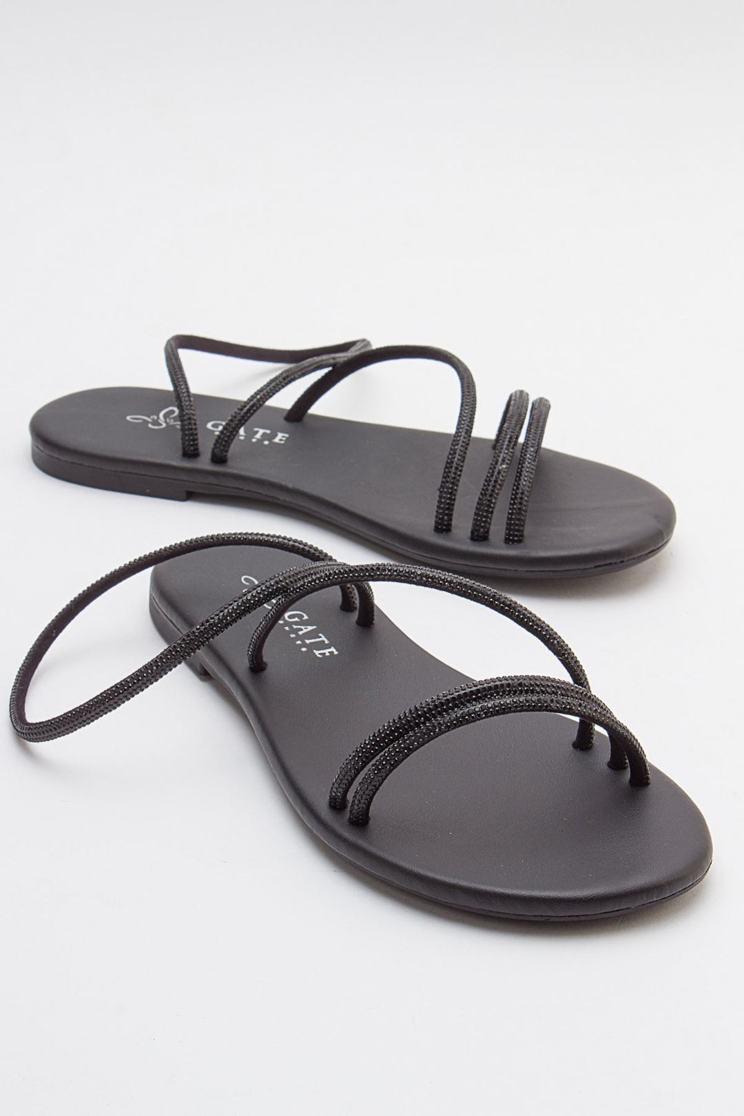 Wavelys Breta Sandale Femme à Talon Bas en Cristal Brillant Gate Shoes - Noir