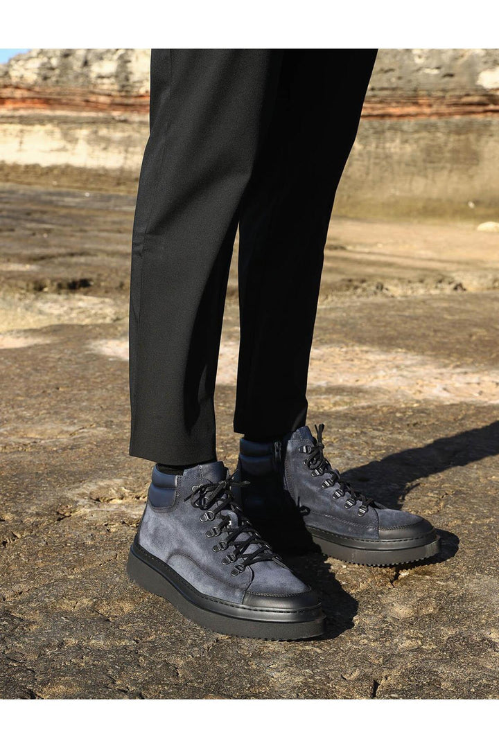 Cabani Shoes Bottines décontractées pour hommes en cuir véritable bleu marine à lacets et fermeture éclair. - Noir