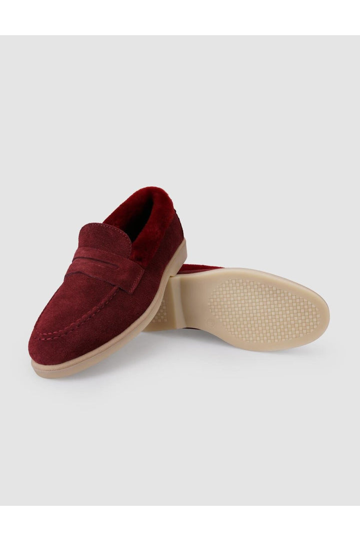 Cabani Shoes %100 Cuir véritable Mocassins en suède bordeaux pour femmes avec fourrure - Bordeaux