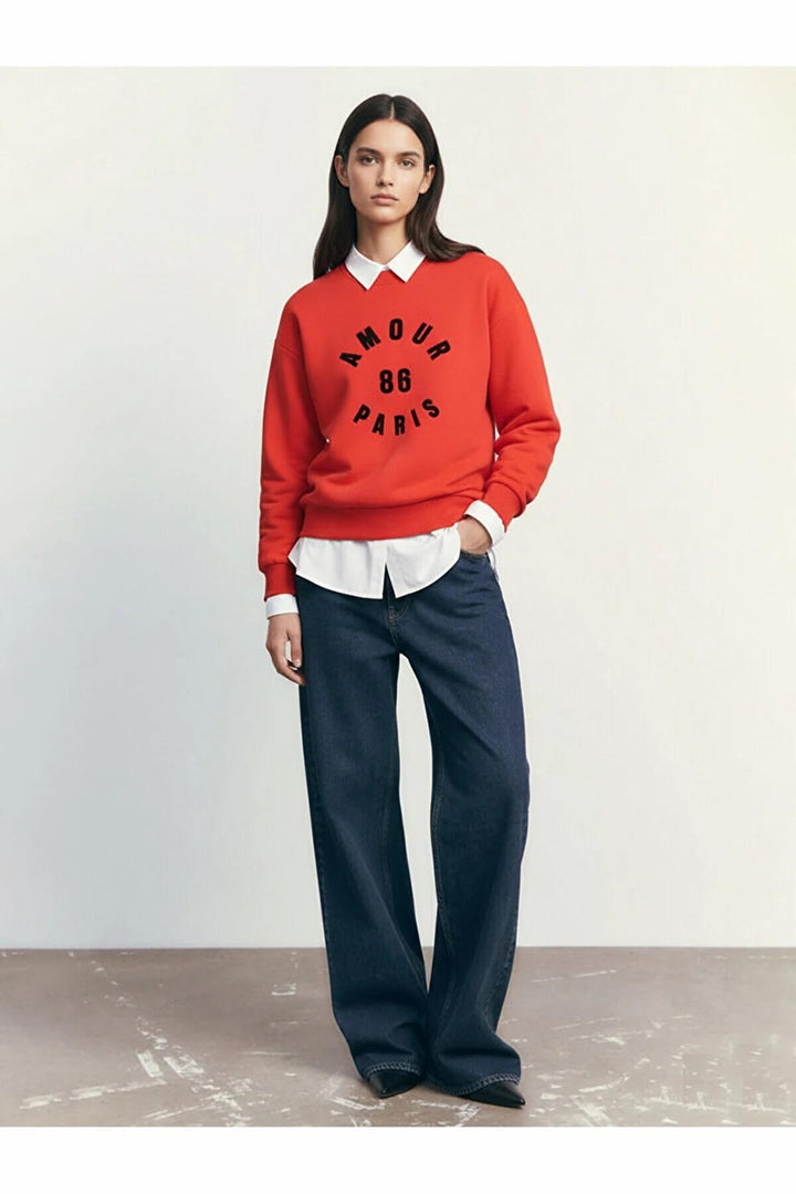 LTB Sweat-shirt rouge imprimé à manches longues et col zéro