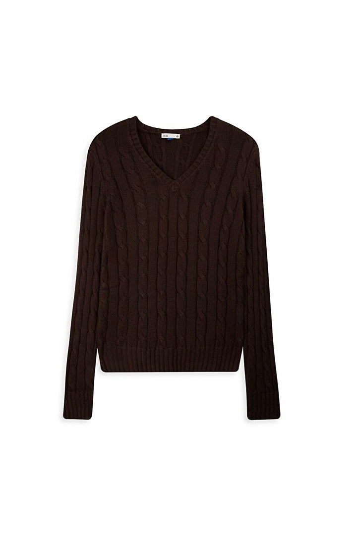 LTB Pull marron en maille à manches longues et col en V