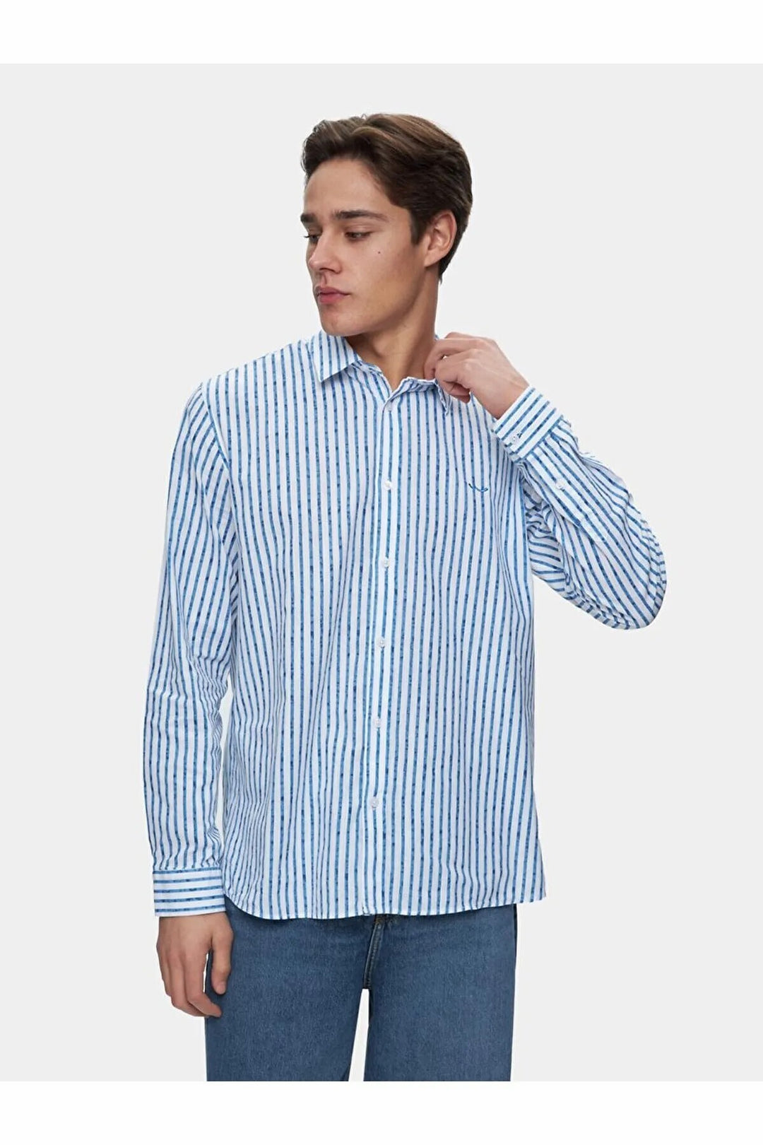 LTB Chemise crème à manches longues régulières rayée aspect lin